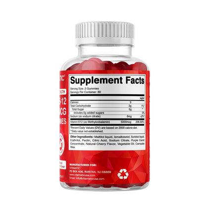 Vitamatic Extra Starkes Vitamin B12 5000 mcg (Methyl-B12) Gummis – 120 Stück – Unterstützt Energie-Stoffwechsel und Nervensystem, Natürlicher Kirschgeschmack
