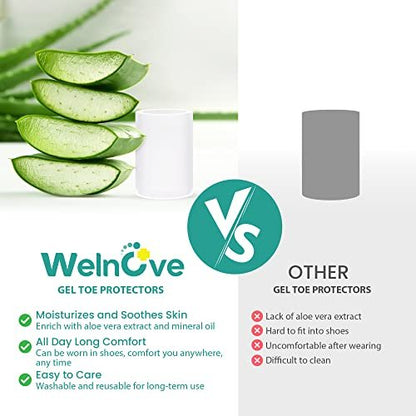 Welnove Zehenschützer – 12er-Pack mit Aloe Vera Extrakt angereicherte Silikon-Zehenhülsen für Hammerzehen, Hühneraugen, Schwielen, Blasen – Weiche Gel-Zehenpolster zur Schmerzlinderung (Multi-Größe)