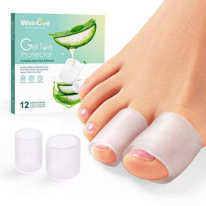 Welnove Zehenschützer – 12er-Pack mit Aloe Vera Extrakt angereicherte Silikon-Zehenhülsen für Hammerzehen, Hühneraugen, Schwielen, Blasen – Weiche Gel-Zehenpolster zur Schmerzlinderung (Multi-Größe)