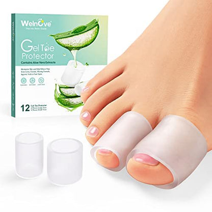Welnove Zehenschützer – 12er-Pack mit Aloe Vera Extrakt angereicherte Silikon-Zehenhülsen für Hammerzehen, Hühneraugen, Schwielen, Blasen – Weiche Gel-Zehenpolster zur Schmerzlinderung (Multi-Größe)