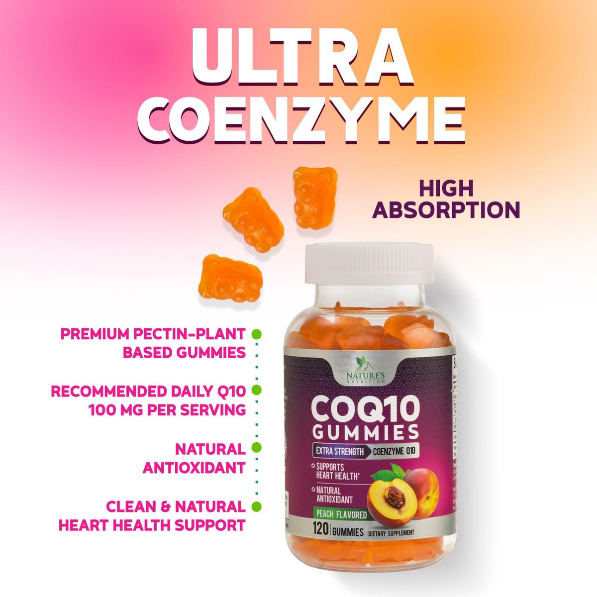 CoQ10 Gummis – Coenzym Q10 100 mg pro Portion – 3-fache Stärke, hohe Absorption, Antioxidans-Ergänzung für Herzgesundheit & Energieproduktion – 120 Gummis