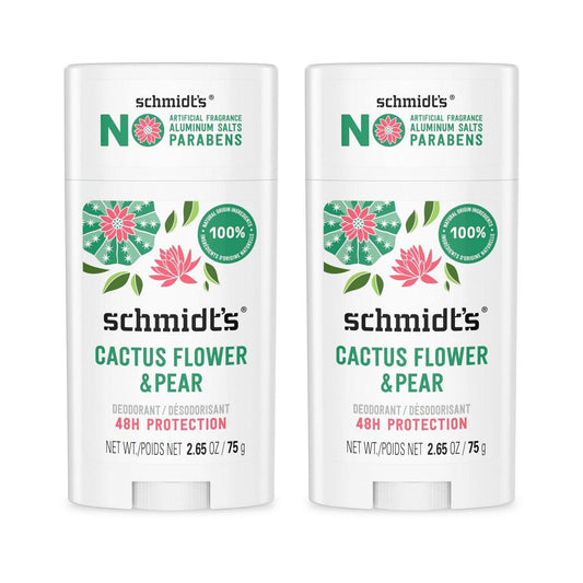 Schmidt's Aluminiumfreies veganes Deodorant Kaktusblüte & Birne mit 24-Stunden-Geruchsschutz, 2er-Pack für Frauen und Männer, natürliche Inhaltsstoffe, tierversuchsfrei, 2,65 oz