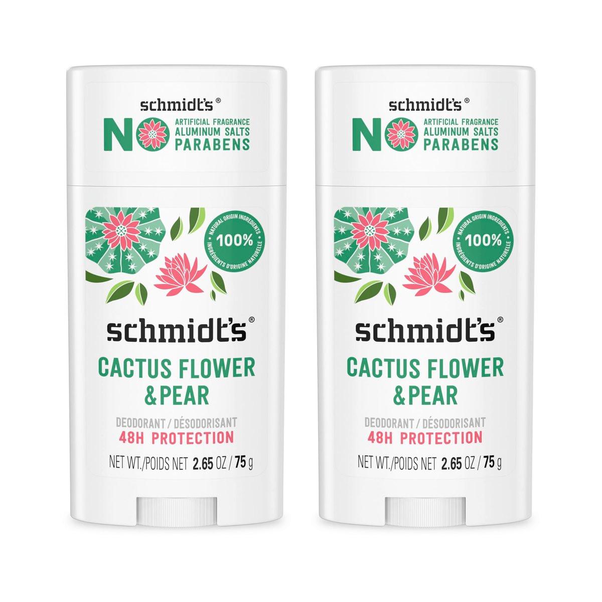 Schmidt's Aluminiumfreies veganes Deodorant Kaktusblüte & Birne mit 24-Stunden-Geruchsschutz, 2er-Pack für Frauen und Männer, natürliche Inhaltsstoffe, tierversuchsfrei, 2,65 oz
