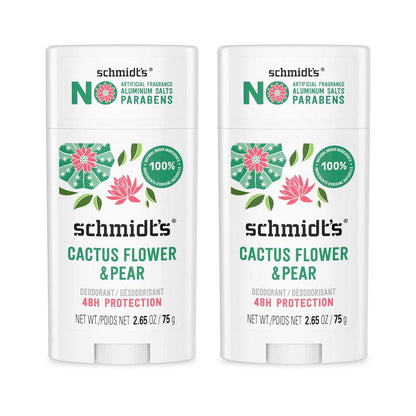 Schmidt's Aluminiumfreies veganes Deodorant Kaktusblüte & Birne mit 24-Stunden-Geruchsschutz, 2er-Pack für Frauen und Männer, natürliche Inhaltsstoffe, tierversuchsfrei, 2,65 oz
