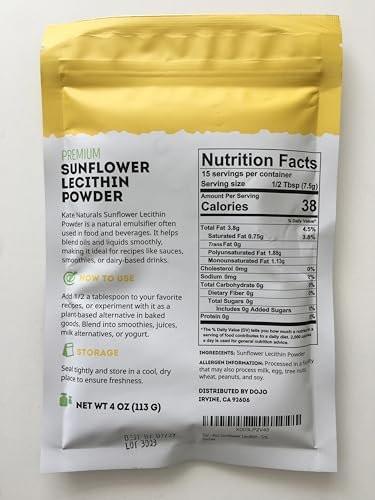 Kate Naturals Sonnenblumenlecithin Pulver – 113 g, Nicht-GVO, ideal zum Backen, für Gummibärchen und Kochen – Alternative zu Sojalecithin