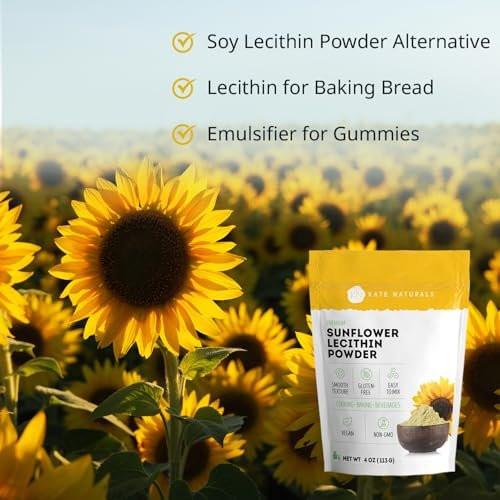 Kate Naturals Sonnenblumenlecithin Pulver – 113 g, Nicht-GVO, ideal zum Backen, für Gummibärchen und Kochen – Alternative zu Sojalecithin