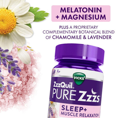 ZzzQuil Pure Zzzs Muskelentspannung Melatonin Schlafhilfe Gummis – Unterstützt die Muskelfunktion, hilft beim natürlichen Einschlafen, schnell, Melatonin + Magnesium, keine Benommenheit am nächsten Tag, ohne Medikamente, 60 Stück