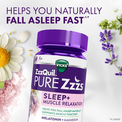 ZzzQuil Pure Zzzs Muskelentspannung Melatonin Schlafhilfe Gummis – Unterstützt die Muskelfunktion, hilft beim natürlichen Einschlafen, schnell, Melatonin + Magnesium, keine Benommenheit am nächsten Tag, ohne Medikamente, 60 Stück