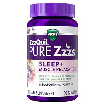 ZzzQuil Pure Zzzs Muskelentspannung Melatonin Schlafhilfe Gummis – Unterstützt die Muskelfunktion, hilft beim natürlichen Einschlafen, schnell, Melatonin + Magnesium, keine Benommenheit am nächsten Tag, ohne Medikamente, 60 Stück