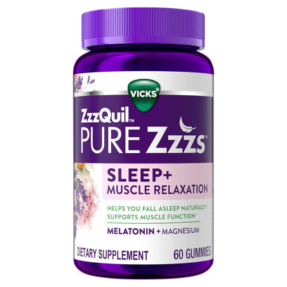 ZzzQuil Pure Zzzs Muskelentspannung Melatonin Schlafhilfe Gummis – Unterstützt die Muskelfunktion, hilft beim natürlichen Einschlafen, schnell, Melatonin + Magnesium, keine Benommenheit am nächsten Tag, ohne Medikamente, 60 Stück