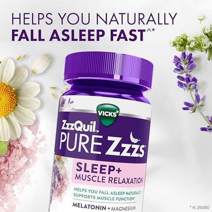 ZzzQuil Pure Zzzs Muskelentspannung Melatonin Schlafhilfe Gummis – Unterstützt die Muskelfunktion, hilft beim natürlichen Einschlafen, schnell, Melatonin + Magnesium, keine Benommenheit am nächsten Tag, ohne Medikamente, 60 Stück