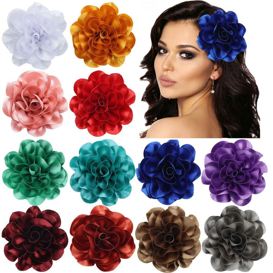 Dizila 12er-Pack Satin-Solide Große Blumen-Haarklammern Entenklammern Alligator-Haarklammern Haarnadeln Haarspangen Accessoires für Frauen Mädchen Teenager Kinder