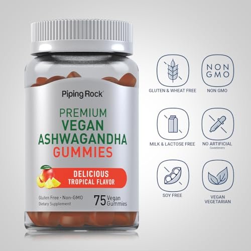 Piping Rock Ashwagandha Gummies – 75 Stück – Vegan, Non-GMO & glutenfrei – Tropischer Geschmack für Männer & Frauen