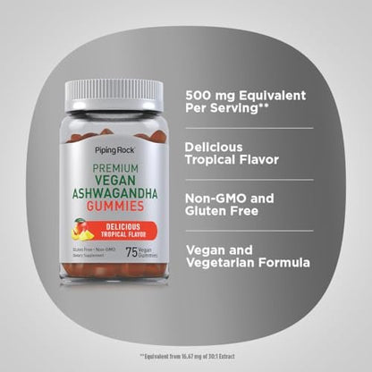 Piping Rock Ashwagandha Gummies – 75 Stück – Vegan, Non-GMO & glutenfrei – Tropischer Geschmack für Männer & Frauen