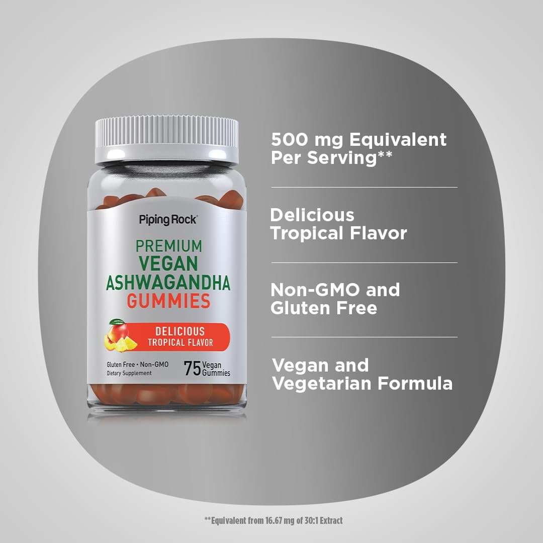 Piping Rock Ashwagandha Gummies – 75 Stück – Vegan, Non-GMO & glutenfrei – Tropischer Geschmack für Männer & Frauen