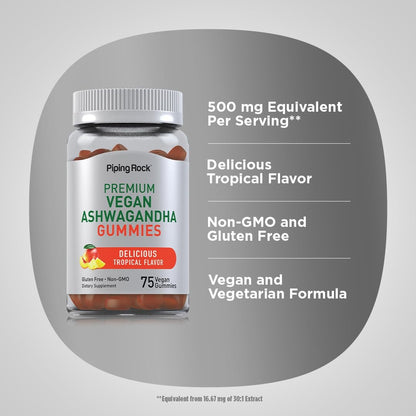 Piping Rock Ashwagandha Gummies – 75 Stück – Vegan, Non-GMO & glutenfrei – Tropischer Geschmack für Männer & Frauen