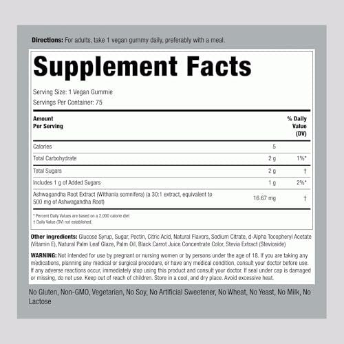 Piping Rock Ashwagandha Gummies – 75 Stück – Vegan, Non-GMO & glutenfrei – Tropischer Geschmack für Männer & Frauen