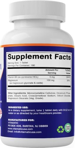 Vitamatic Magnesium mit B6 – 180 Vegetarische Tabletten (unbeschichtet) – Mit B6 für maximale Aufnahme – Unterstützt Muskel-, Gelenk- und Herzgesundheit