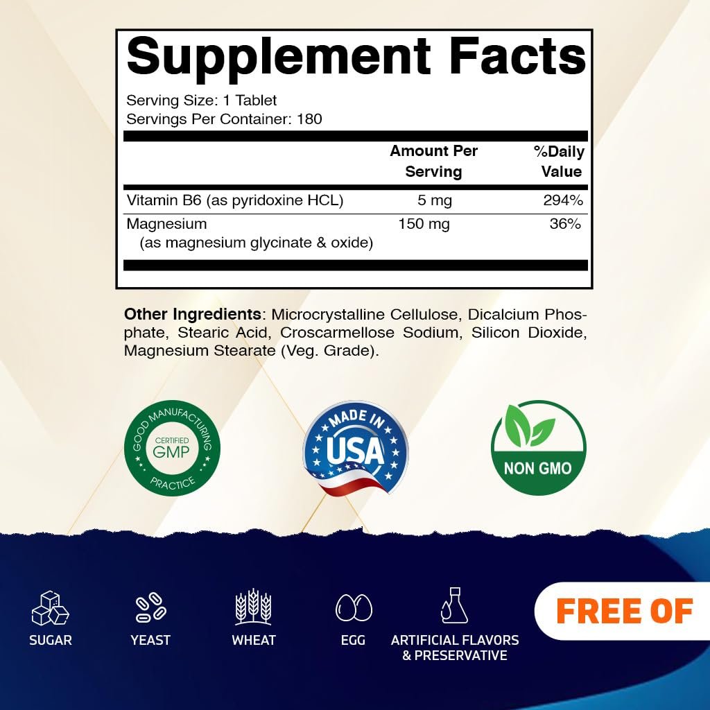 Vitamatic Magnesium mit B6 – 180 Vegetarische Tabletten (unbeschichtet) – Mit B6 für maximale Aufnahme – Unterstützt Muskel-, Gelenk- und Herzgesundheit