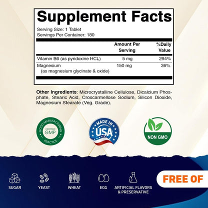 Vitamatic Magnesium mit B6 – 180 Vegetarische Tabletten (unbeschichtet) – Mit B6 für maximale Aufnahme – Unterstützt Muskel-, Gelenk- und Herzgesundheit
