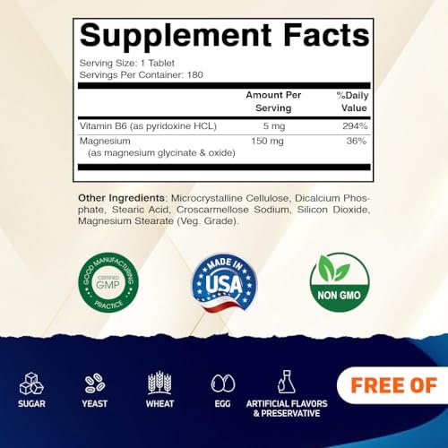 Vitamatic Magnesium mit B6 – 180 Vegetarische Tabletten (unbeschichtet) – Mit B6 für maximale Aufnahme – Unterstützt Muskel-, Gelenk- und Herzgesundheit