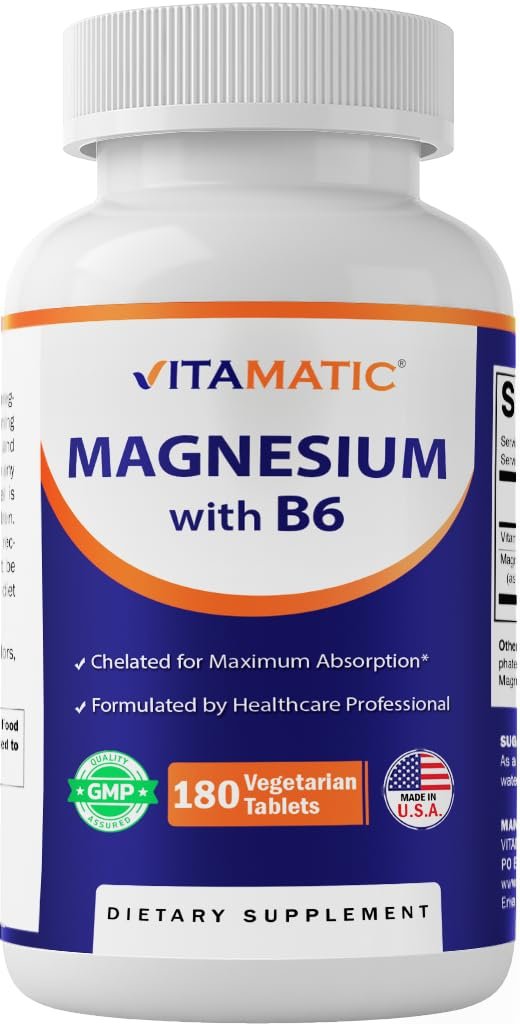 Vitamatic Magnesium mit B6 – 180 Vegetarische Tabletten (unbeschichtet) – Mit B6 für maximale Aufnahme – Unterstützt Muskel-, Gelenk- und Herzgesundheit