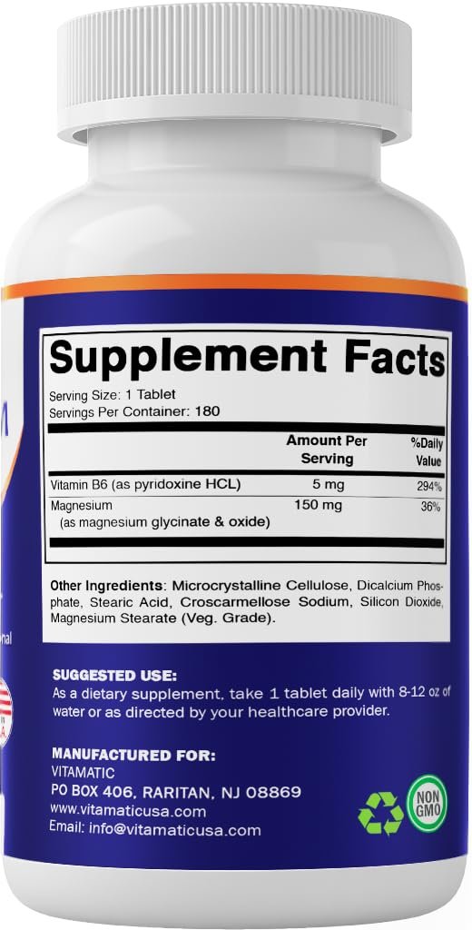 Vitamatic Magnesium mit B6 – 180 Vegetarische Tabletten (unbeschichtet) – Mit B6 für maximale Aufnahme – Unterstützt Muskel-, Gelenk- und Herzgesundheit