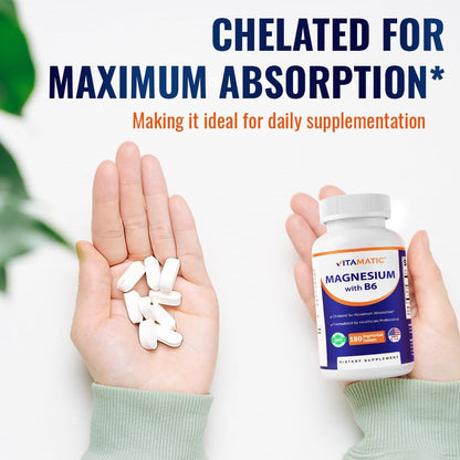 Vitamatic Magnesium mit B6 – 180 Vegetarische Tabletten (unbeschichtet) – Mit B6 für maximale Aufnahme – Unterstützt Muskel-, Gelenk- und Herzgesundheit