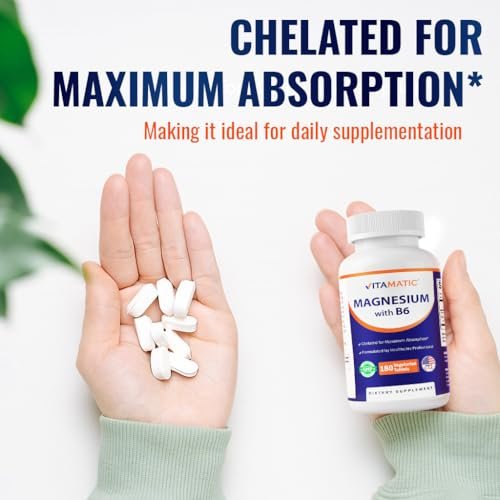 Vitamatic Magnesium mit B6 – 180 Vegetarische Tabletten (unbeschichtet) – Mit B6 für maximale Aufnahme – Unterstützt Muskel-, Gelenk- und Herzgesundheit