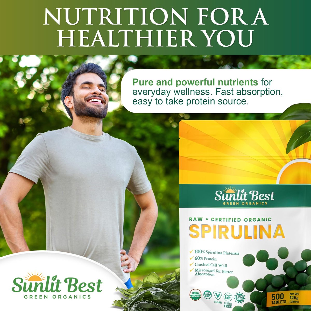 Sunlit Best Organische Spirulina Tabletten - USDA Premium 500 Stück - Natürliche Spirulina für Immununterstützung, Muskelwachstum, Energie-Boost mit Chlorophyll - Hoher Proteingehalt, Nicht-GVO