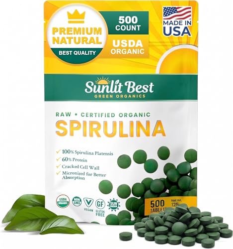 Sunlit Best Organische Spirulina Tabletten - USDA Premium 500 Stück - Natürliche Spirulina für Immununterstützung, Muskelwachstum, Energie-Boost mit Chlorophyll - Hoher Proteingehalt, Nicht-GVO