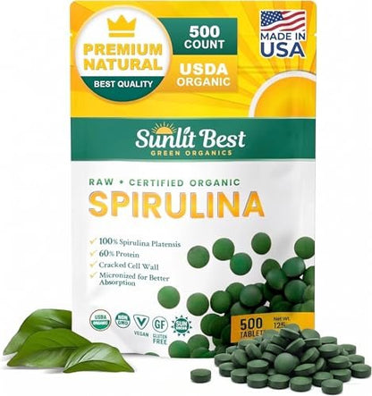 Sunlit Best Organische Spirulina Tabletten - USDA Premium 500 Stück - Natürliche Spirulina für Immununterstützung, Muskelwachstum, Energie-Boost mit Chlorophyll - Hoher Proteingehalt, Nicht-GVO
