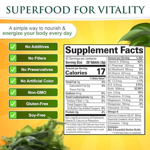 Sunlit Best Organische Spirulina Tabletten - USDA Premium 500 Stück - Natürliche Spirulina für Immununterstützung, Muskelwachstum, Energie-Boost mit Chlorophyll - Hoher Proteingehalt, Nicht-GVO