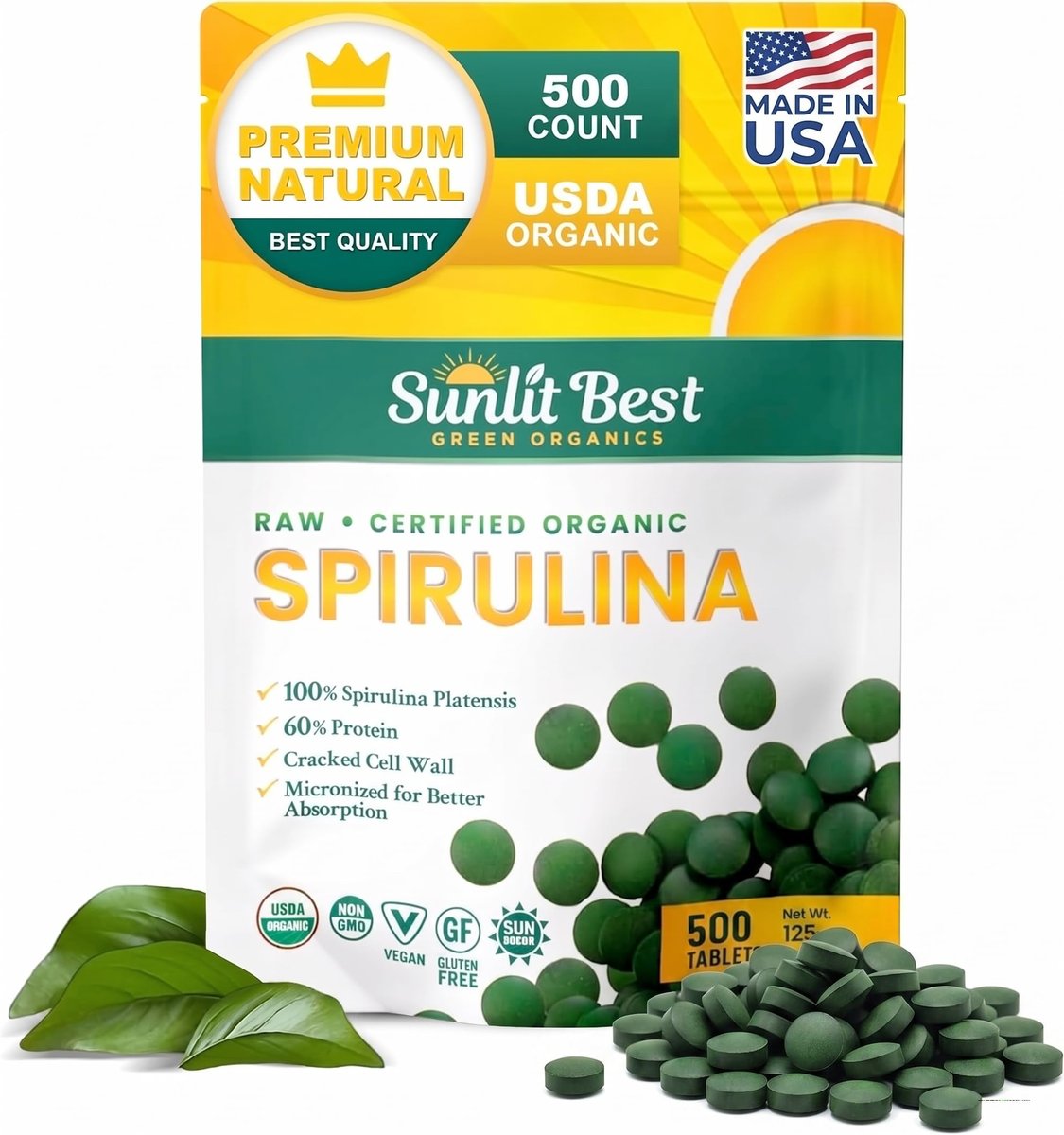 Sunlit Best Organische Spirulina Tabletten - USDA Premium 500 Stück - Natürliche Spirulina für Immununterstützung, Muskelwachstum, Energie-Boost mit Chlorophyll - Hoher Proteingehalt, Nicht-GVO