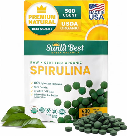 Sunlit Best Organische Spirulina Tabletten - USDA Premium 500 Stück - Natürliche Spirulina für Immununterstützung, Muskelwachstum, Energie-Boost mit Chlorophyll - Hoher Proteingehalt, Nicht-GVO