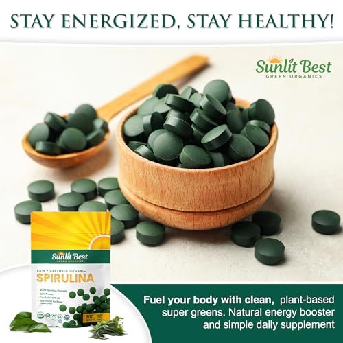 Sunlit Best Organische Spirulina Tabletten - USDA Premium 500 Stück - Natürliche Spirulina für Immununterstützung, Muskelwachstum, Energie-Boost mit Chlorophyll - Hoher Proteingehalt, Nicht-GVO