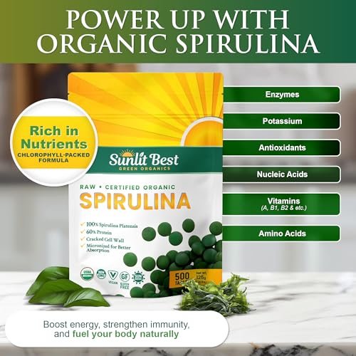 Sunlit Best Organische Spirulina Tabletten - USDA Premium 500 Stück - Natürliche Spirulina für Immununterstützung, Muskelwachstum, Energie-Boost mit Chlorophyll - Hoher Proteingehalt, Nicht-GVO
