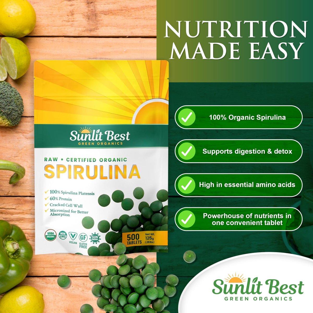 Sunlit Best Organische Spirulina Tabletten - USDA Premium 500 Stück - Natürliche Spirulina für Immununterstützung, Muskelwachstum, Energie-Boost mit Chlorophyll - Hoher Proteingehalt, Nicht-GVO
