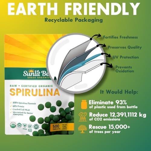 Sunlit Best Organische Spirulina Tabletten - USDA Premium 500 Stück - Natürliche Spirulina für Immununterstützung, Muskelwachstum, Energie-Boost mit Chlorophyll - Hoher Proteingehalt, Nicht-GVO