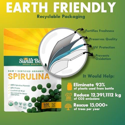 Sunlit Best Organische Spirulina Tabletten - USDA Premium 500 Stück - Natürliche Spirulina für Immununterstützung, Muskelwachstum, Energie-Boost mit Chlorophyll - Hoher Proteingehalt, Nicht-GVO