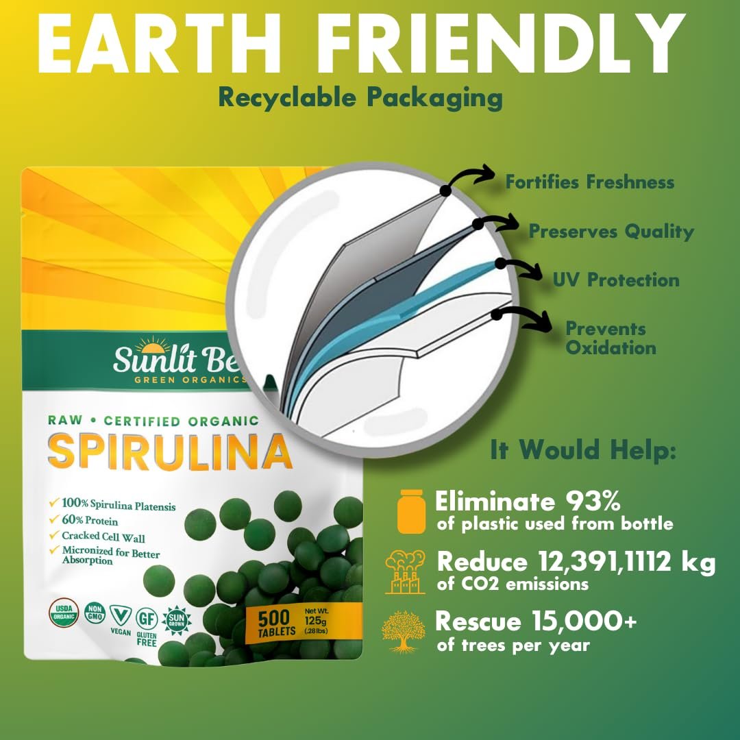 Sunlit Best Organische Spirulina Tabletten - USDA Premium 500 Stück - Natürliche Spirulina für Immununterstützung, Muskelwachstum, Energie-Boost mit Chlorophyll - Hoher Proteingehalt, Nicht-GVO