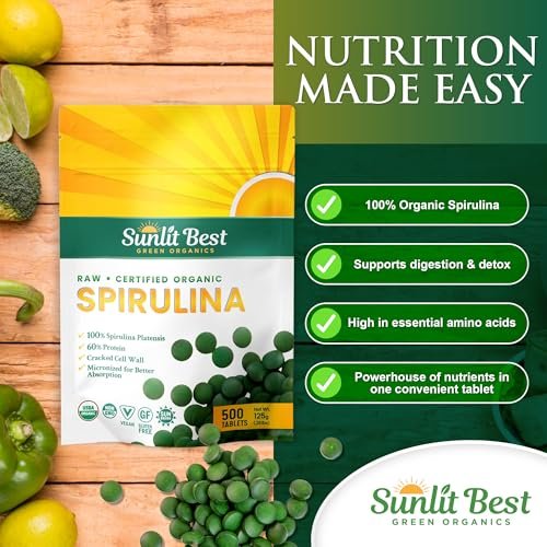 Sunlit Best Organische Spirulina Tabletten - USDA Premium 500 Stück - Natürliche Spirulina für Immununterstützung, Muskelwachstum, Energie-Boost mit Chlorophyll - Hoher Proteingehalt, Nicht-GVO
