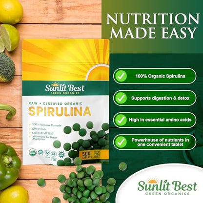 Sunlit Best Organische Spirulina Tabletten - USDA Premium 500 Stück - Natürliche Spirulina für Immununterstützung, Muskelwachstum, Energie-Boost mit Chlorophyll - Hoher Proteingehalt, Nicht-GVO