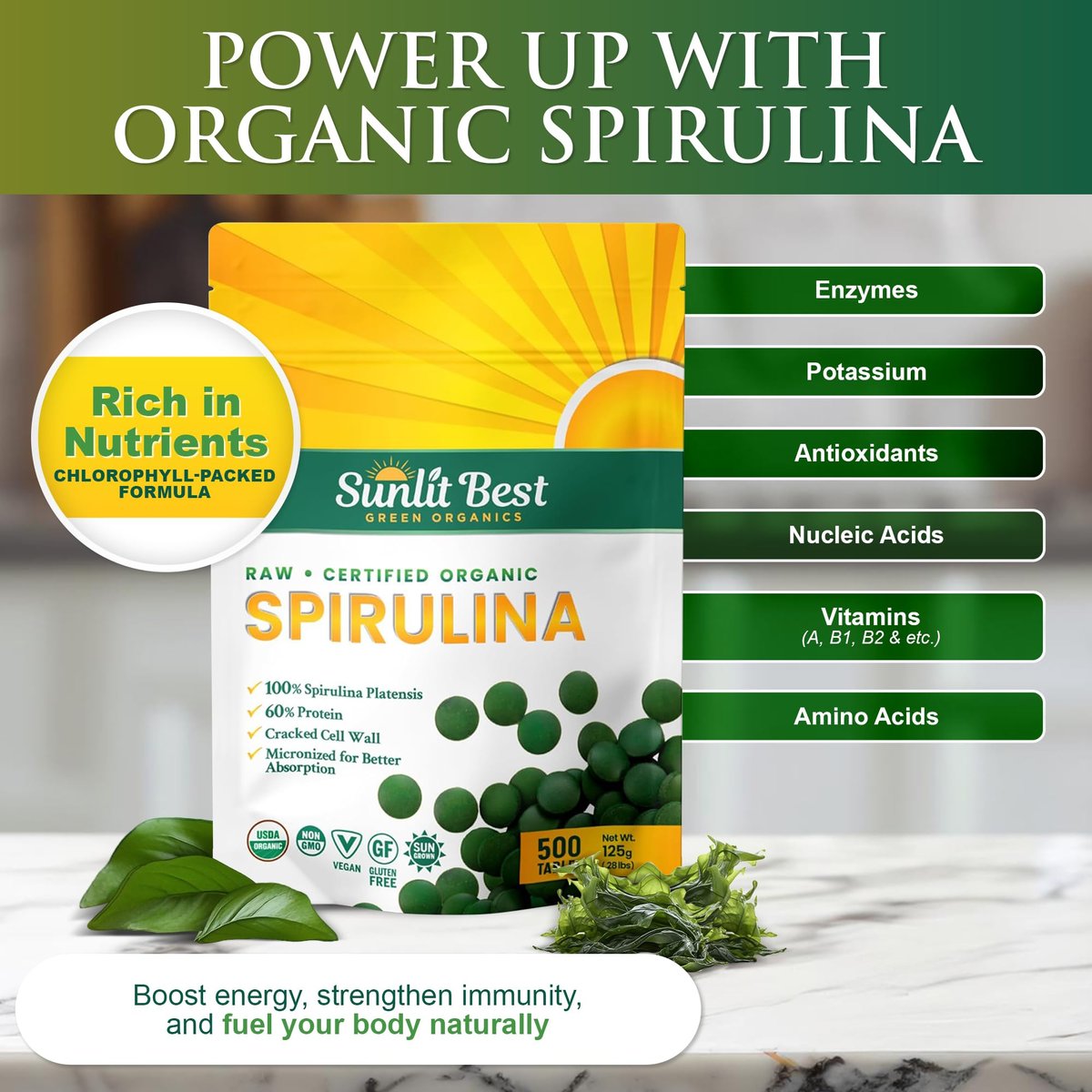 Sunlit Best Organische Spirulina Tabletten - USDA Premium 500 Stück - Natürliche Spirulina für Immununterstützung, Muskelwachstum, Energie-Boost mit Chlorophyll - Hoher Proteingehalt, Nicht-GVO