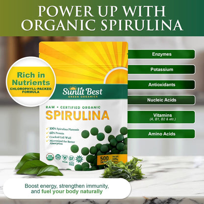 Sunlit Best Organische Spirulina Tabletten - USDA Premium 500 Stück - Natürliche Spirulina für Immununterstützung, Muskelwachstum, Energie-Boost mit Chlorophyll - Hoher Proteingehalt, Nicht-GVO