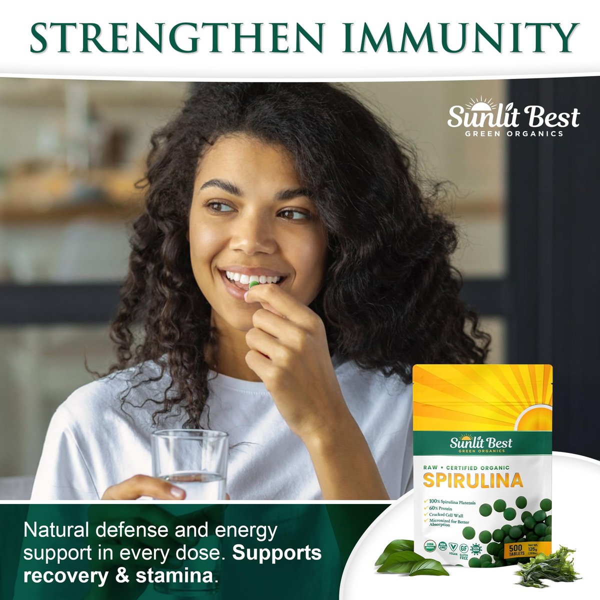 Sunlit Best Organische Spirulina Tabletten - USDA Premium 500 Stück - Natürliche Spirulina für Immununterstützung, Muskelwachstum, Energie-Boost mit Chlorophyll - Hoher Proteingehalt, Nicht-GVO