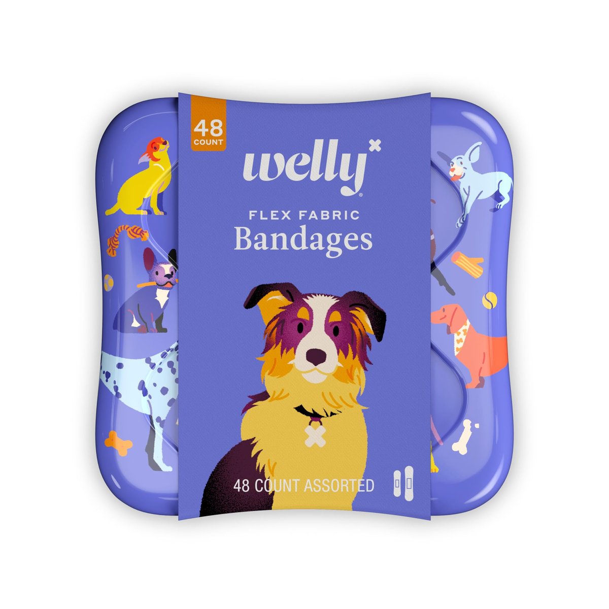 Welly Pflaster | Flexible Stoffpflaster Bravery Badges | Bunte und lustige Erste-Hilfe-Dose mit Hundemotiven | 48 Stück