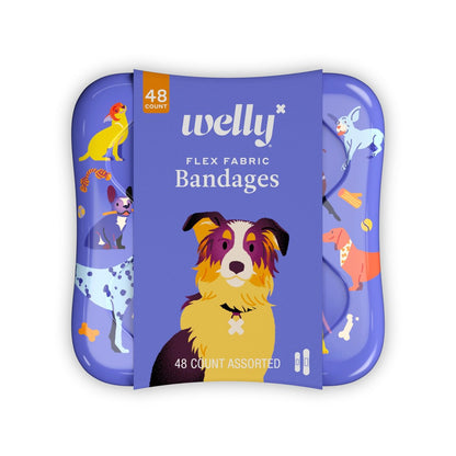 Welly Pflaster | Flexible Stoffpflaster Bravery Badges | Bunte und lustige Erste-Hilfe-Dose mit Hundemotiven | 48 Stück