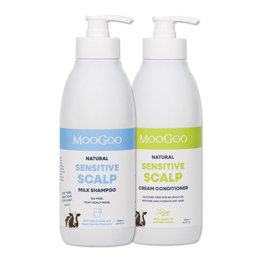 MooGoo Natürliches Milchshampoo & Conditioner Set - Für juckende, trockene, empfindliche Kopfhaut mit Neigung zu Ekzemen und Psoriasis – Sulfatfrei, Silikonfrei, Parabenfrei - 2x 500 ml