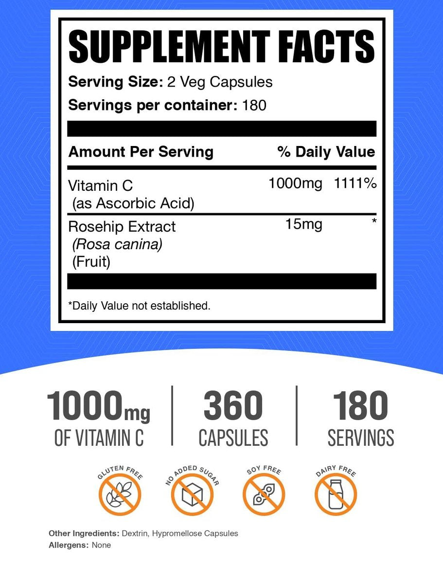 BulkSupplements.com Vitamin C mit Hagebutten Kapseln - Ascorbinsäure Nahrungsergänzung, Hagebutte für Immununterstützung - Vegan, 2 Kapseln pro Portion (1000 mg), 360 Stück (1 Packung)